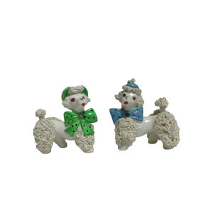 Vintage “RELCO” Pair White Spaghetti Poodle w/Blue & Green Bows & Hat Figures